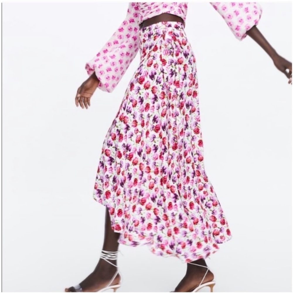Zara Wrap Floral Pink White Spring Summer Skirt hi low cover up boho Long Maxi